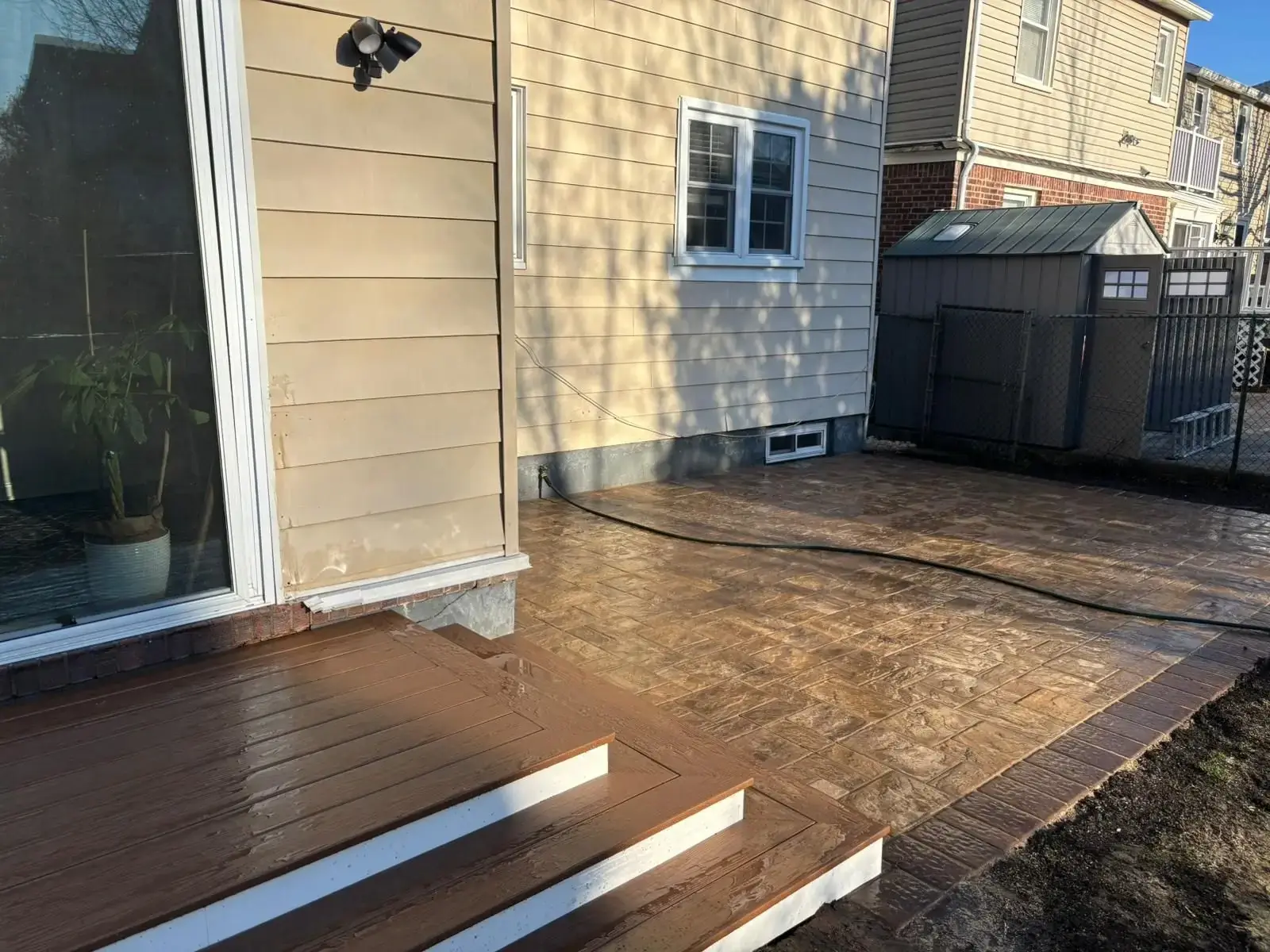 Stamped Patio & Steps — Stamped concrete patio with composite deck steps and lighting, Bergen County NJ