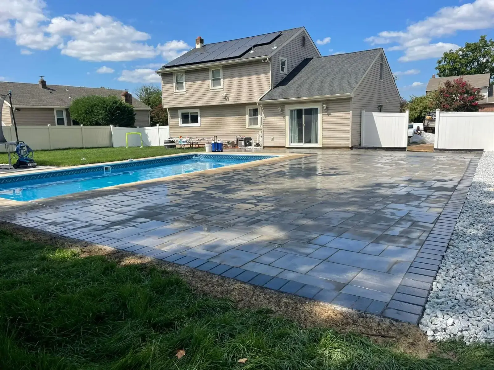 Pool Paver Patio — Large format paver pool surround with decorative border detail, Bergen County NJ