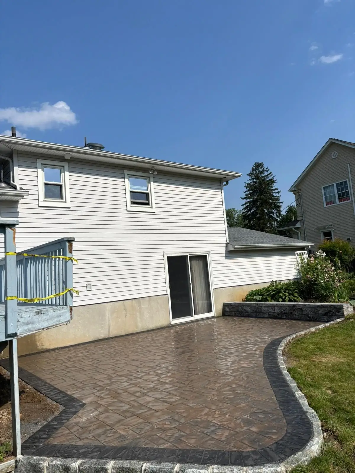 Stamped Concrete Patio — Stamped concrete patio with stone border and retaining wall, Bergen County NJ