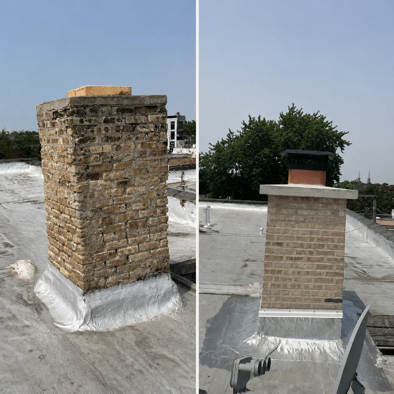 Chimney Rebuild — Before & After — Deteriorated brick chimney rebuilt with new brick, a fresh concrete crown, flue and cap, Bergen County NJ
