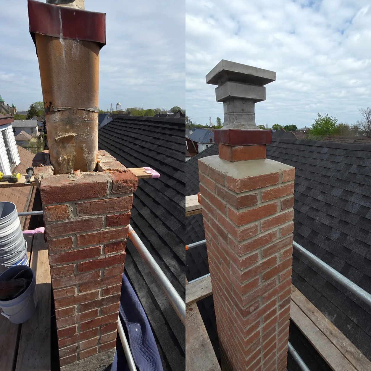 Chimney Rebuild & New Crown — Red-brick chimney rebuilt with a new concrete crown, decorative cap and copper flashing, Bergen County NJ