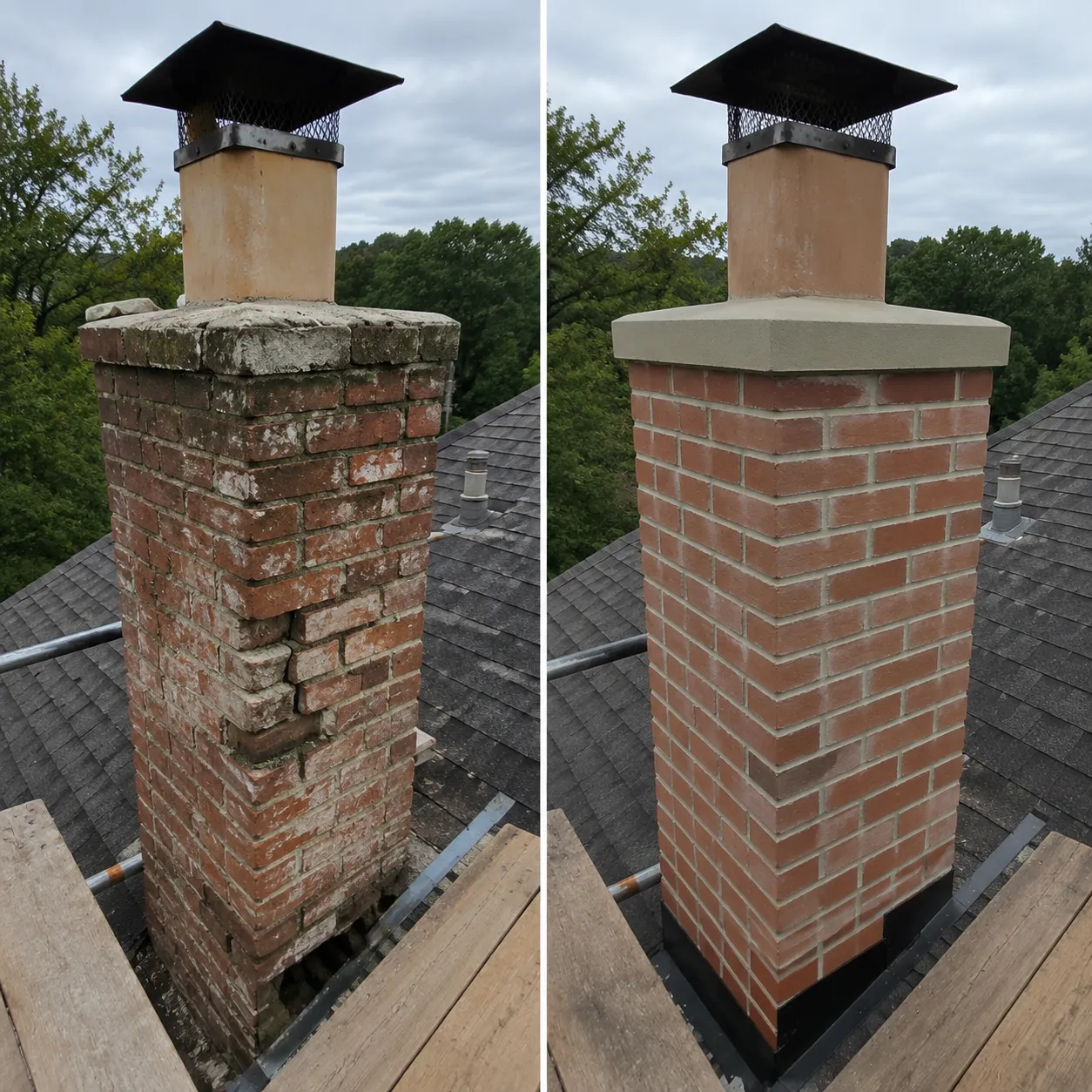 Chimney Restoration — Before & After — Weathered brick chimney restored with fresh masonry and a new parged crown, Bergen County NJ